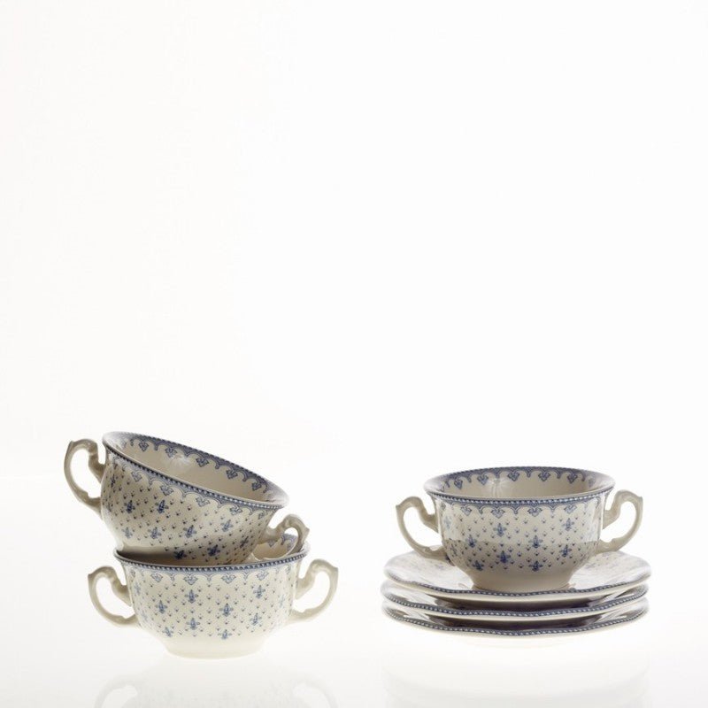 Set de 12 Tazas de Consomé con Platillos La Cartuja Colección Flor de Lis Azul - #pino_y_jacaranda#